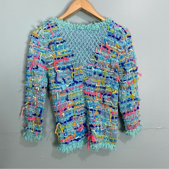 Micheal Simon Blue Confetti Knit Colorful V Neck Cardigan Sz L - Picture 5 of 7